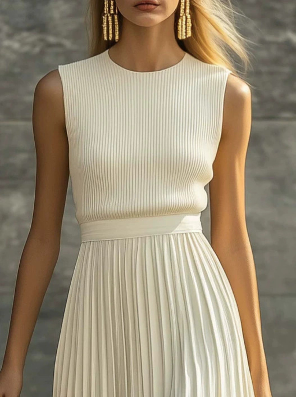 H&M Cream Chiffon Pleated Maxi Dress Elegant Casual Comfortable - Picture 2 of 3